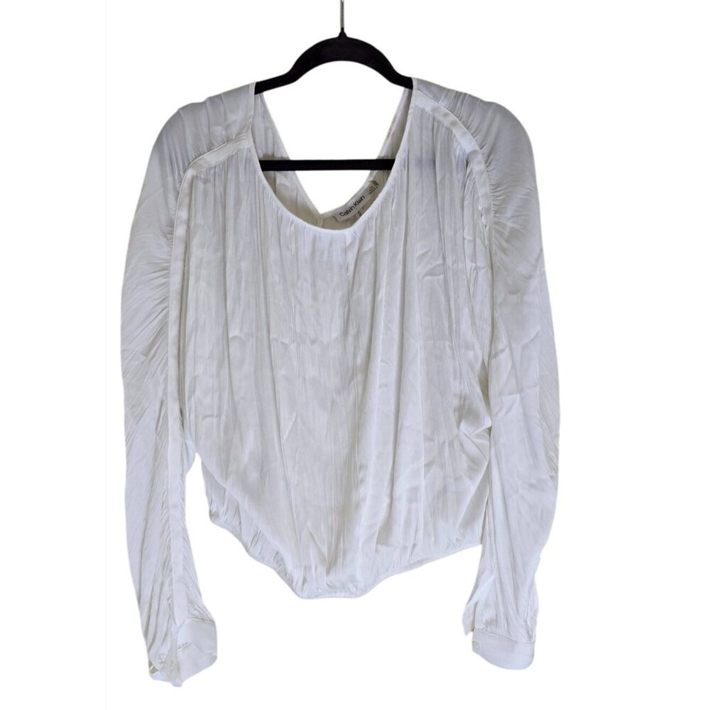 Calvin Klein Womens White Long-Sleeve Blouse M Pleated Textured Design